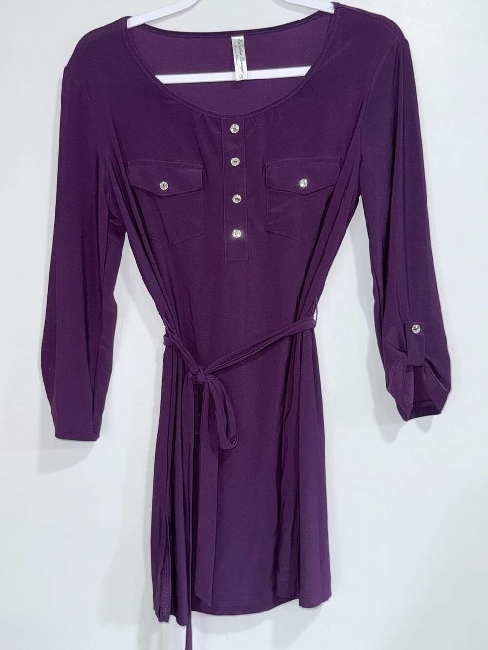 Perception Concept Purple Long Sleeve Tunic Dress with Belt and Button Details